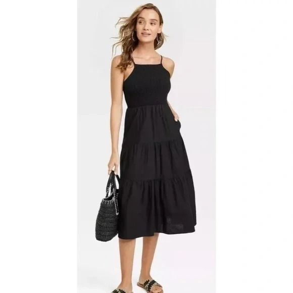 Universal Thread Smocked Linen cotton blend Midi Sundress Black size small - Picture 5 of 13